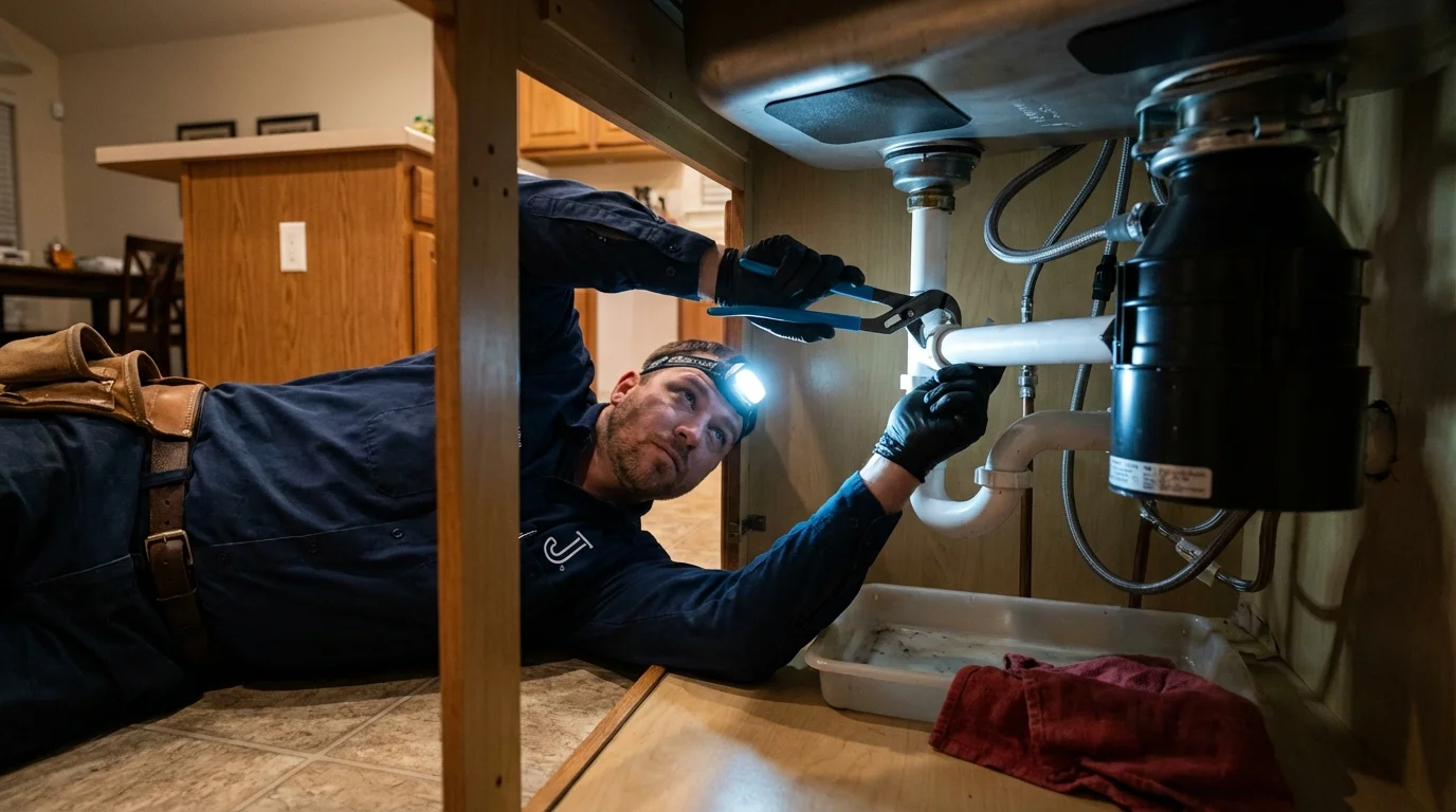 P-trap and supply line connections under a kitchen sink showing a common leak point in Windsor, CA